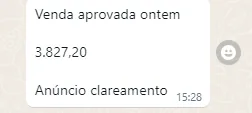 Mensagem: venda aprovada de R$ 3.827,20, anúncio de clareamento
