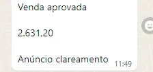 Mensagem: venda aprovada de R$ 2.631,20, anúncio de clareamento